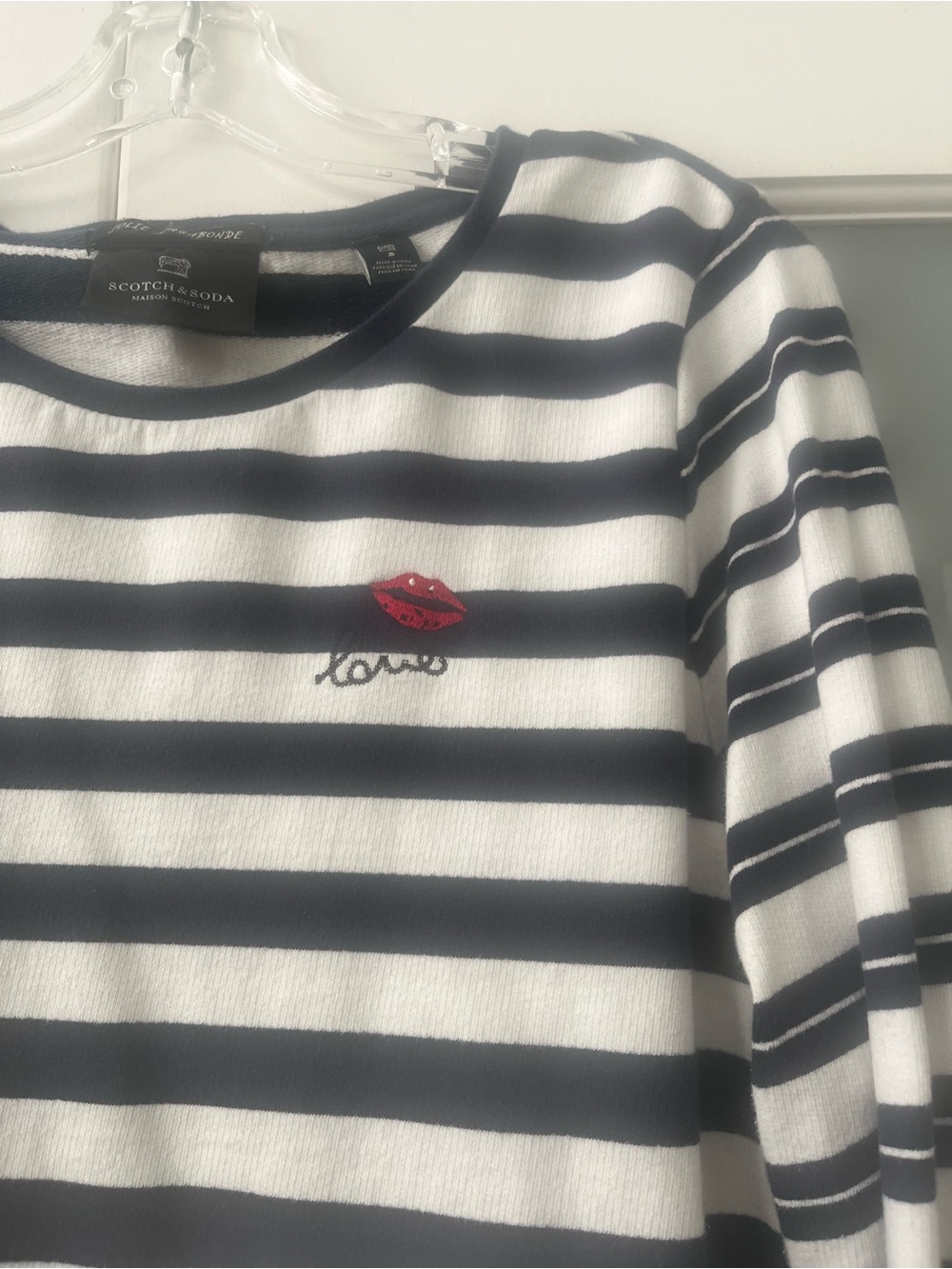 Scotch & Soda Navy and White Striped Long-Sleeve Tee with Red Lip Patch - Picture 2 of 4